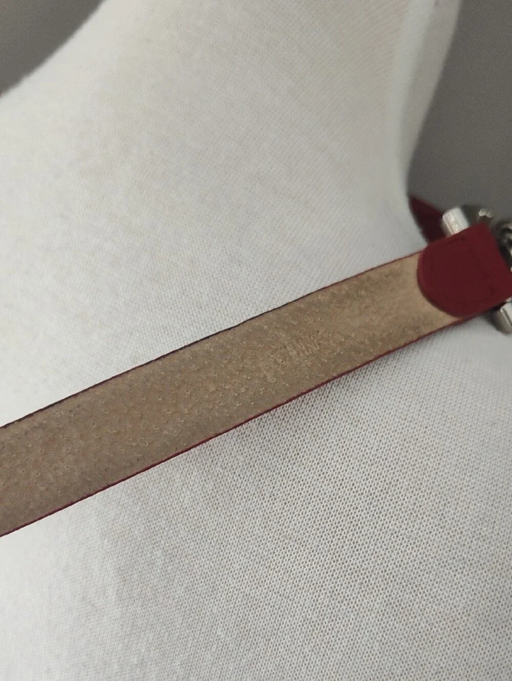 Red Adjustable Genuine Leather Belt with Silver Twisted Ring Buckle